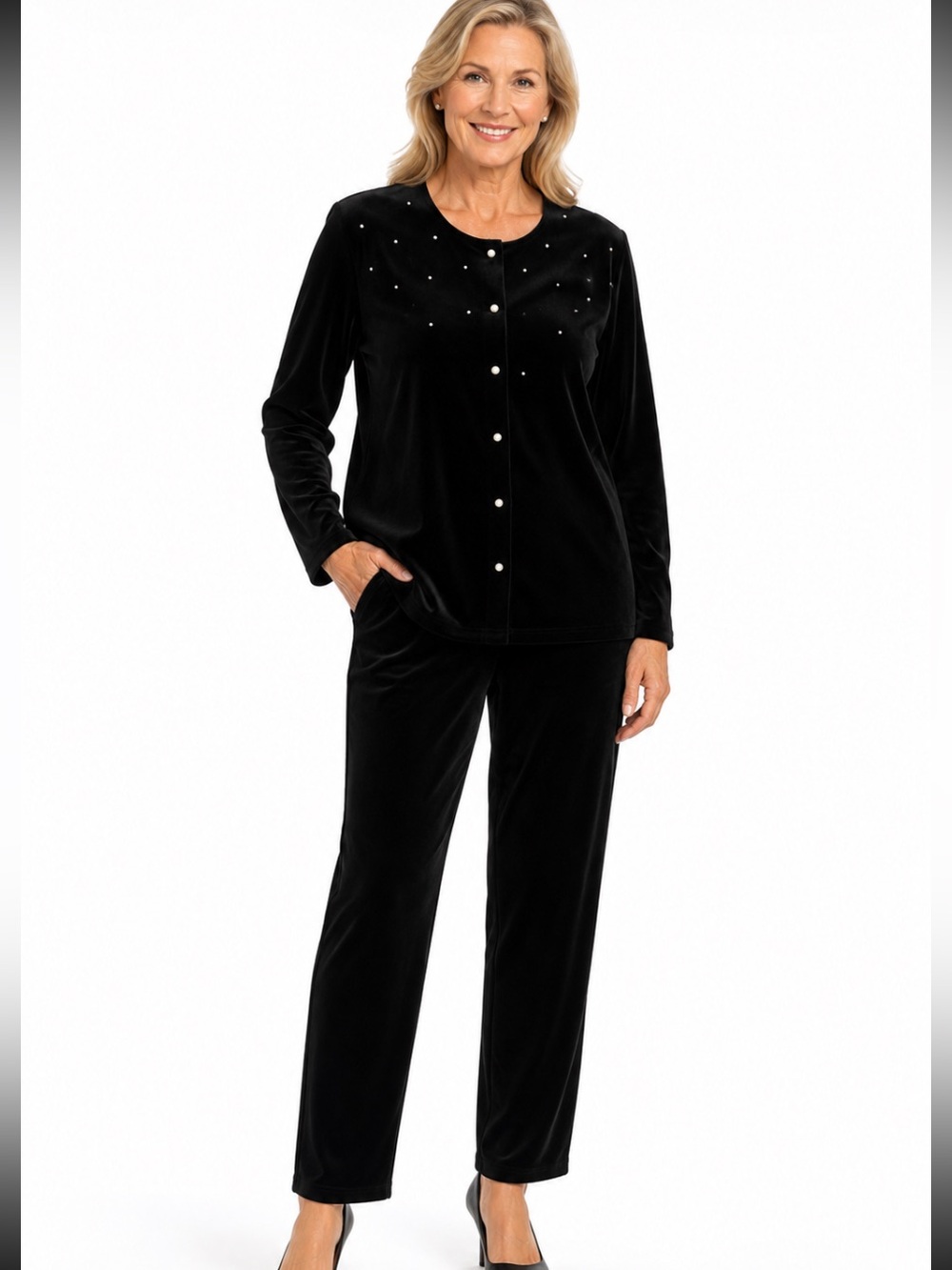IMPRESSIONS MILLENIUM EDITION Pearl Button Black Velvet 2 Pc Pantsuit L NWOT